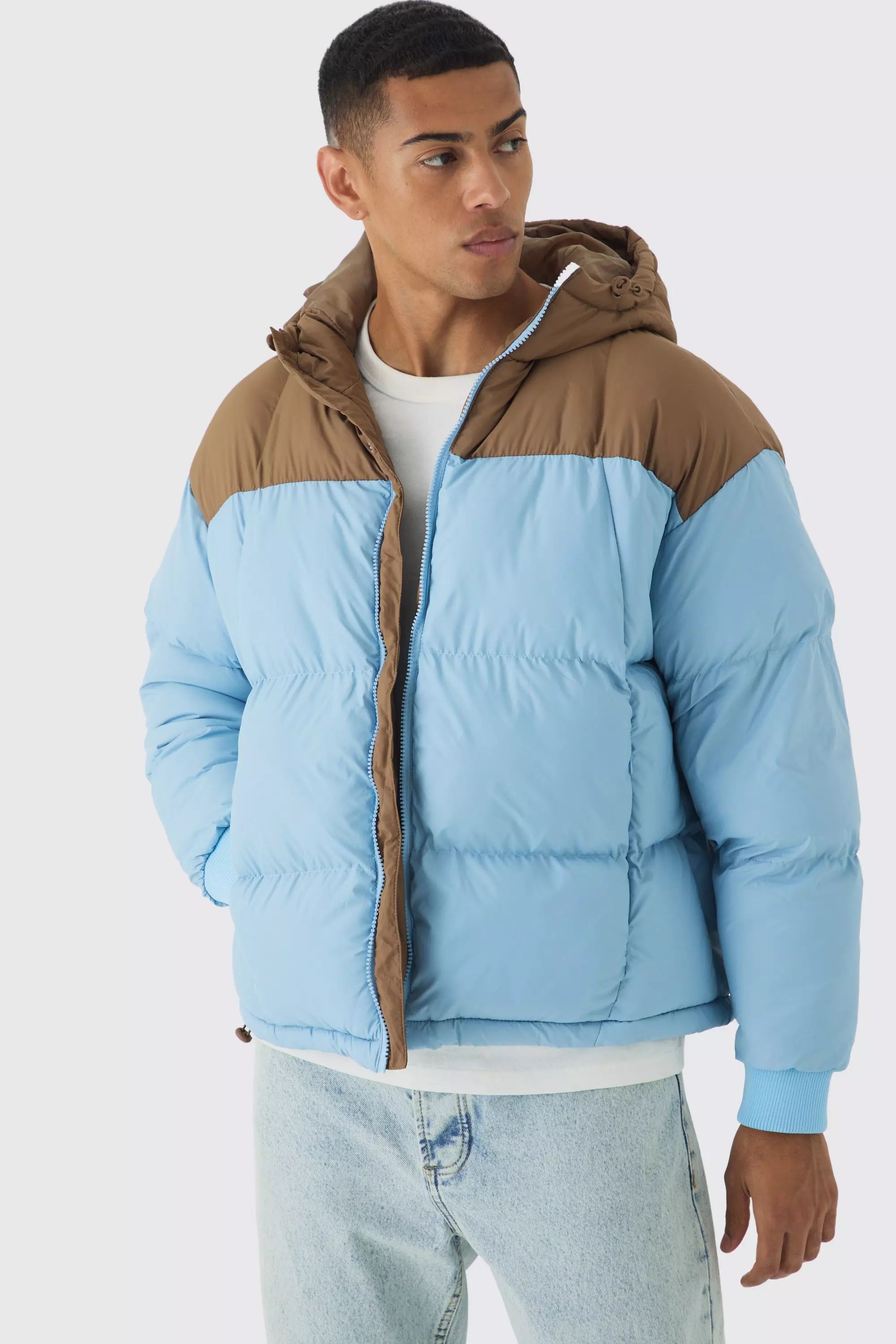 BoohooMAN Men s Boxy Curved Quilted Color Block Hooded Puffer Blue Casual Jackets